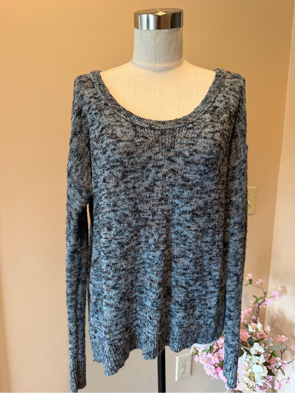 American Eagle Outfitters Heather Gray-Blue Sparkly Scoop Neck Sweater